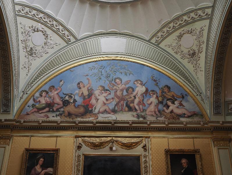 Wimpole, England: Wimpole Hall: yellow dining room, ceiling painting