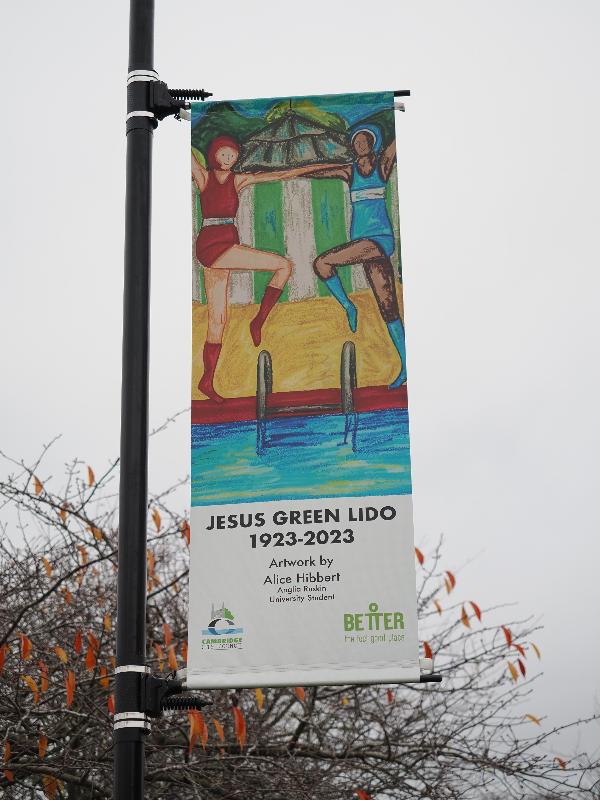 Cambridge, England: Jesus Green: banner for 100th anniversary of lido (artist Alice Hibbert)