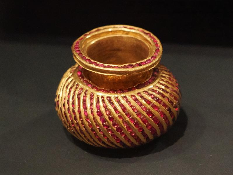 London, England: British Museum: jar studded with rubies (ca. 1850-1855, probably central Myanmar, mined in the highlands)