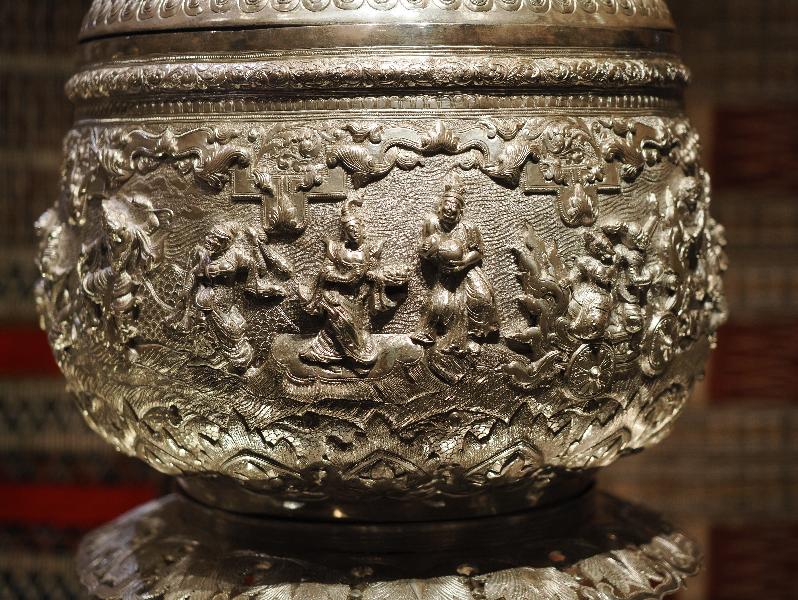 London, England: British Museum: silver centrepiece, detail (ca. 1890-1910, Rangoon)