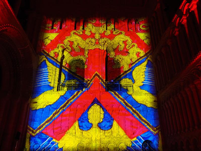 Ely, England: Ely Cathedral: royal herald (Crown and Coronation, by Luxmuralis, originally shown at Tower of London, Nov 2023)
