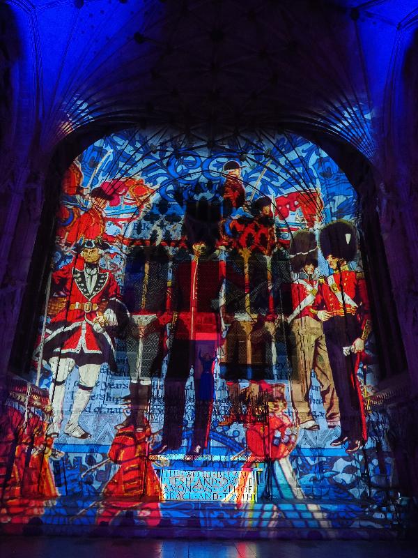 Ely, England: Ely Cathedral: soldiers and royal guards (Crown and Coronation, by Luxmuralis, originally shown at Tower of London, Nov 2023)