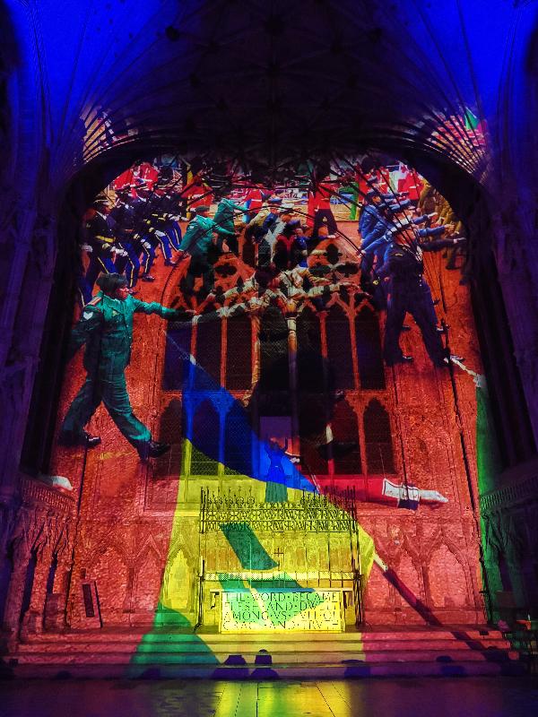 Ely, England: Ely Cathedral: military parade (Crown and Coronation, by Luxmuralis, originally shown at Tower of London, Nov 2023)