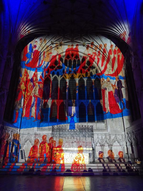 Ely, England: Ely Cathedral: royal ceremony (Crown and Coronation, by Luxmuralis, originally shown at Tower of London, Nov 2023)