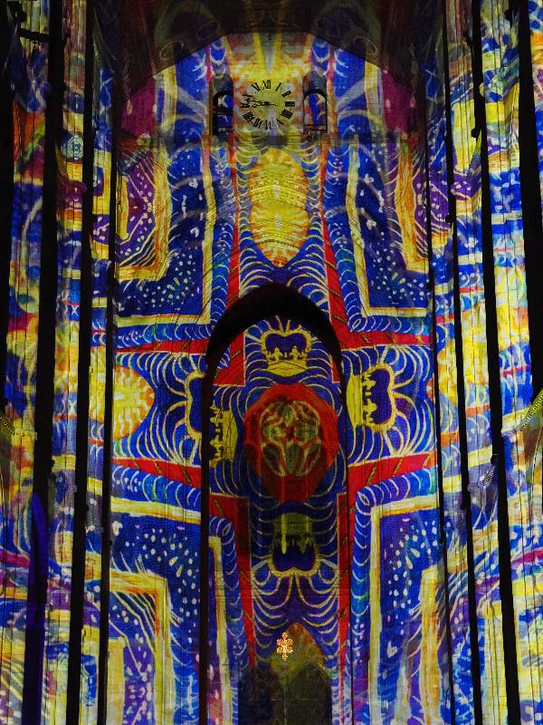 Ely, England: Ely Cathedral: blue and yellow design (Crown and Coronation, by Luxmuralis, originally shown at Tower of London, Nov 2023)