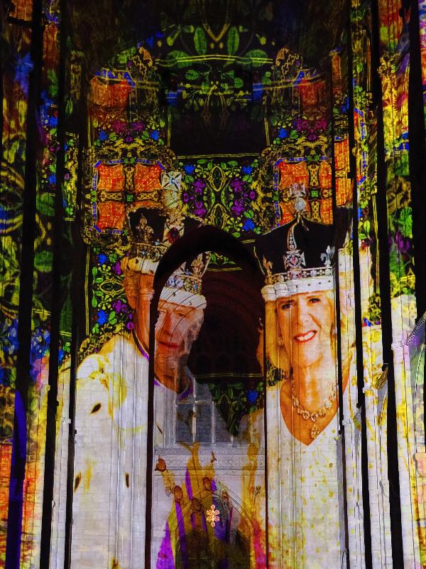 Ely, England: Ely Cathedral: King Charles III and Queen Camilla (Crown and Coronation, by Luxmuralis, originally shown at Tower of London, Nov 2023)