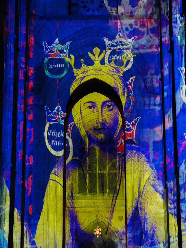 Ely, England: Ely Cathedral: King Henry I? (Crown and Coronation, by Luxmuralis, originally shown at Tower of London, Nov 2023)