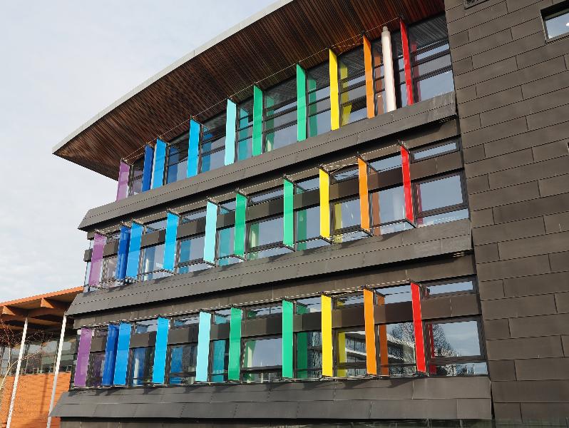 Cambridge, England: Maxwell Centre: colourful window shades