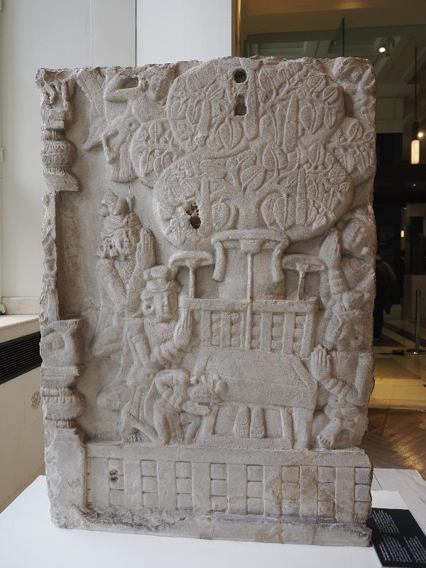 London, England: British Museum: The Enlightenment of the Buddha and adorers (about 150-100 BC, Amaravati Stupa, India)