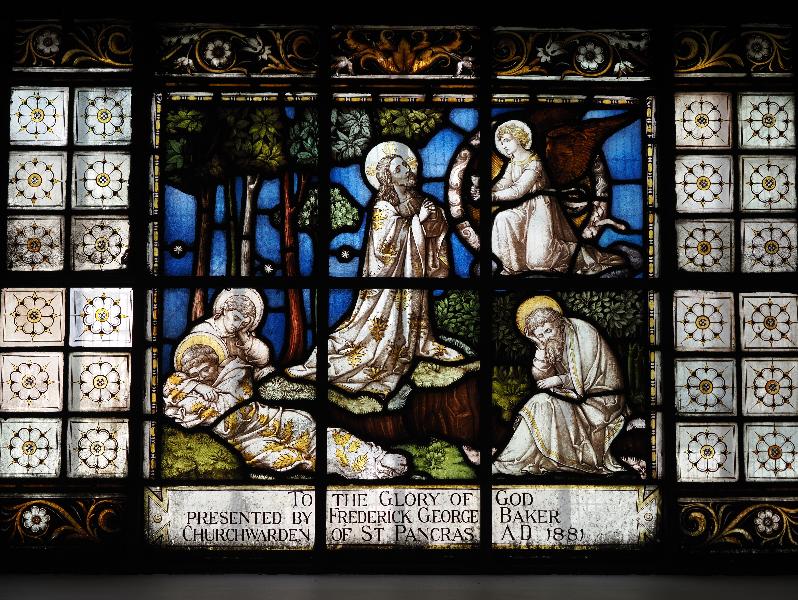 London, England: St Pancras Church: Baker Memorial Window, Christ in the Garden of Gethsemane