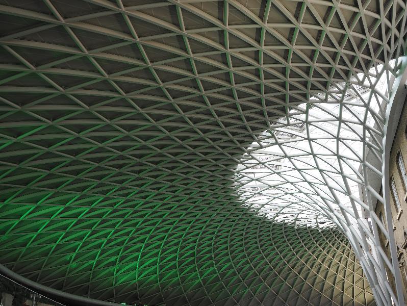 London, England: King's Cross: entrance hall roof, green light (2009-2012, architect John McAslan and Partners, engineer Arup)