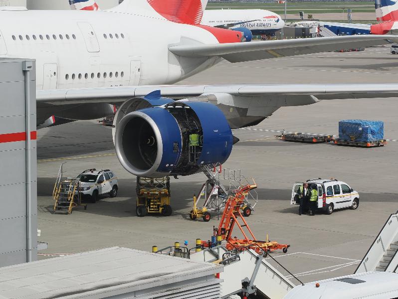 London, England: Heathrow Airport, Terminal 5: fixing engine on A380