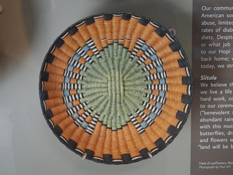 Flagstaff, Arizona (AZ): Museum of Northern Arizona: Polvolyungyapu (wicker basket) (1939, butterfly design) (dune broom warp and rabbitbrush weft)