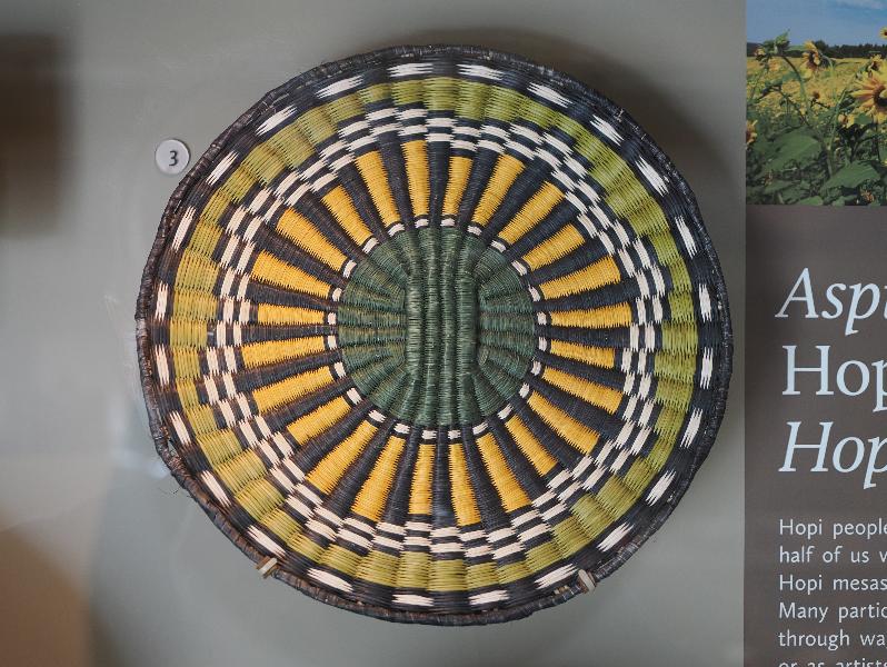 Flagstaff, Arizona (AZ): Museum of Northern Arizona: Aqawsiyungyapu (wicker tray basket) (sunflower design) (Rebecca Namingha Sidney, Hopi, Hotvela village) (dune broom warp and rabbitbrush weft)