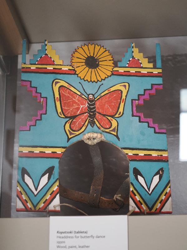 Flagstaff, Arizona (AZ): Museum of Northern Arizona: Kopatsoki (tableta), headdress for butterfly dance (1930s) (wood, paint, turkey feathers)