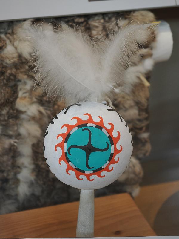 Flagstaff, Arizona (AZ): Museum of Northern Arizona: Aaya (gourd rattle), migration design (Sandra Suhu, Hopi, Hotvela village) (gourd, paint, feather, wood, cotton)