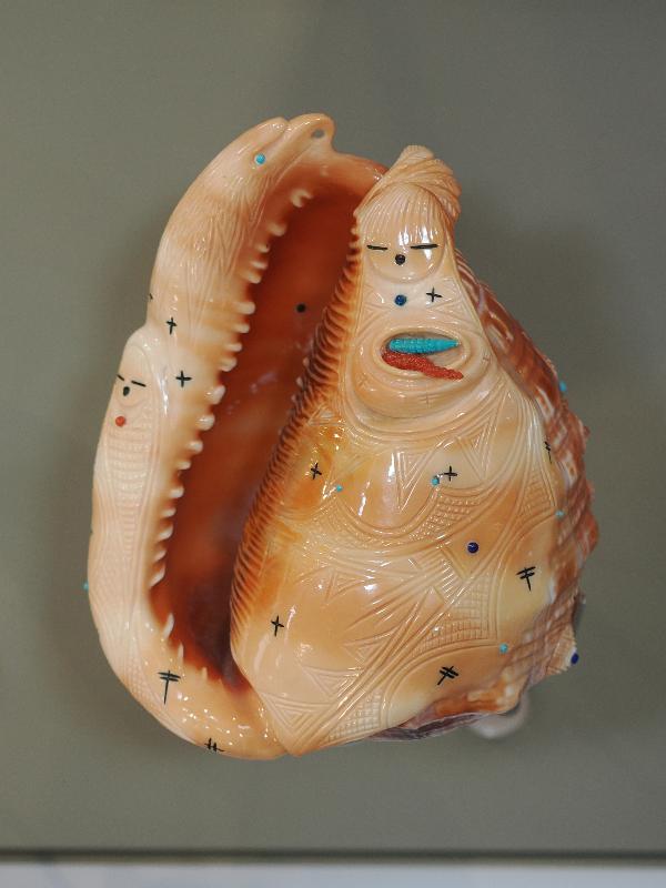 Flagstaff, Arizona (AZ): Museum of Northern Arizona: Corn maiden (ca. 2002, Stewart Quandalacey, Zuni) (conch shell, turquoise, coral, lapis lazuli)
