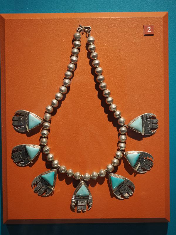 Flagstaff, Arizona (AZ): Museum of Northern Arizona: necklace (1969, designed by Paul Saufkie, made by Lawrence Saufkie, Songoopavi) (silver overlay, stamped silver, turquoise)