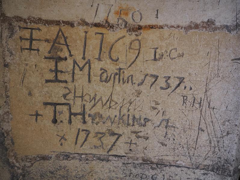 Cambridge, England: King's College: 18th century graffiti on chapel roof staircase