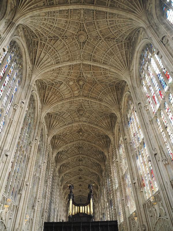 Cambridge, England: King's College: chapel ceiling with organ