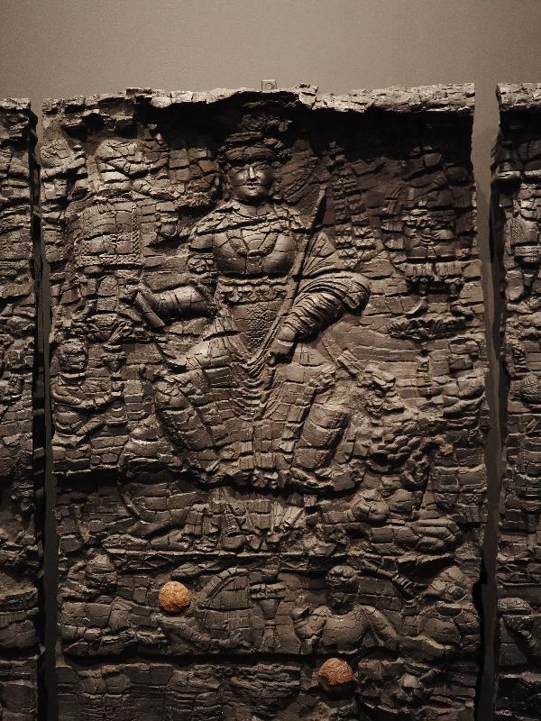 London, England: British Museum: charred wooden door panel, showing Nana, supreme goddess of Sogdiana (AD 500s, Kafir Kala, Samarkand / Afrasiab, Uzbekistan)