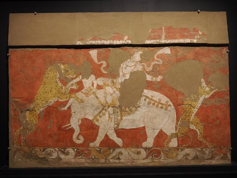 London, England: British Museum: elephant riders battling real and mythical creatures (about AD 730, Palace of Varakhsha, Bukhara region Uzbekistan)