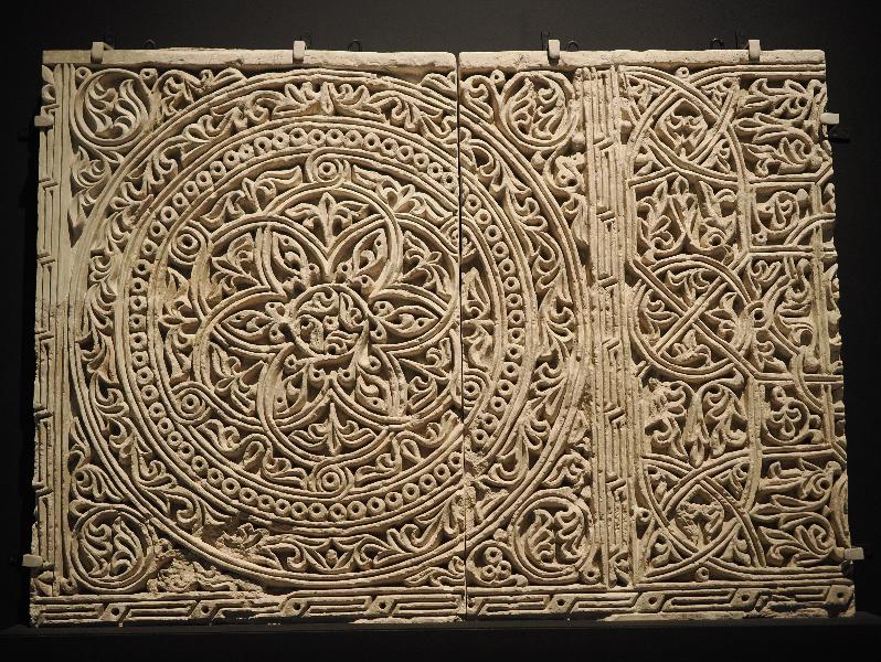 London, England: British Museum: stucco panel with geometric motifs (AD 800-1000, Samarkand / Afrasiab, Uzbekistan)