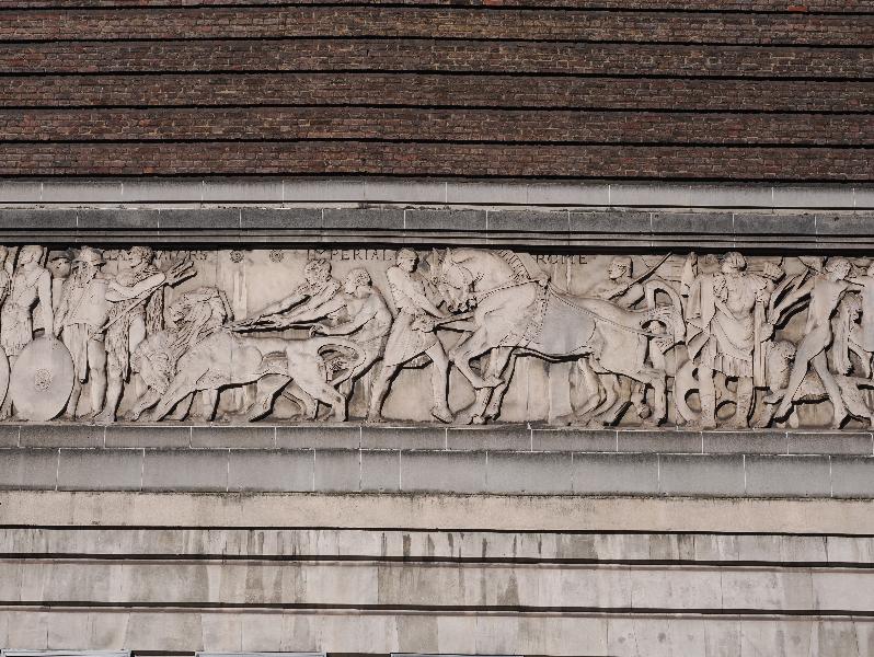 London, England: Odeon (was Saville Theatre): frieze, Drama Through the Ages (1931, architect T.P. Bennett, sculptor Gilbert Bayes)