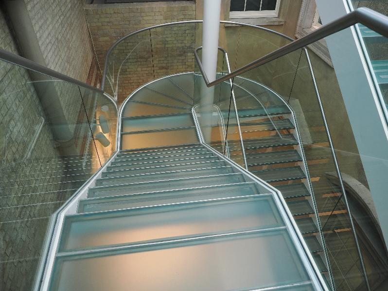 London, England: Royal Academy: stairway to Sackler Gallery (1991, Foster and Partners)