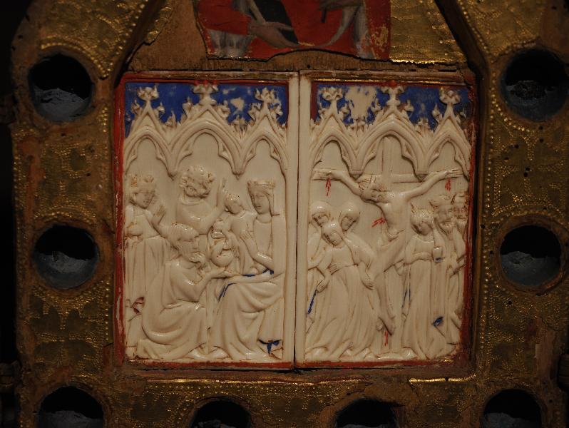 London, England: National Gallery: detail, Reliquary triptych with the Annunciation, Saint Ansanus, The Adoration of the Magi and the Crucifixion (about 1370, Bartolo di Fredi, and ivory plaques about 1350-1370, French artists)