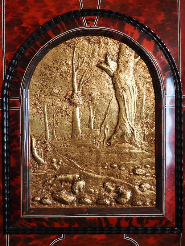 Oxburgh Estate, England: Oxburgh Hall, West Drawing Room: sideboard detail, landscape