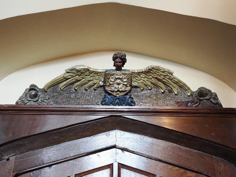 Oxburgh Estate, England: Oxburgh Hall, West Staircase Hall: angel over door