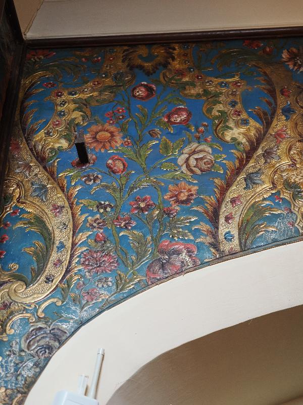 Oxburgh Estate, England: Oxburgh Hall, West Staircase Hall: leather wallcovering (ca. 1700-1750, probably Flemish)