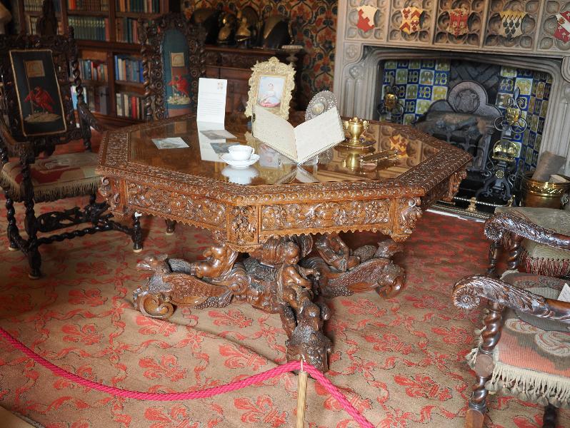 Oxburgh Estate, England: Oxburgh Hall, Library: octagonal table (ca. 1860, Jean-Francois Malfait)