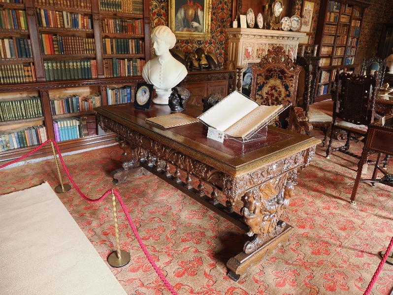 Oxburgh Estate, England: Oxburgh Hall, Library: table and bust