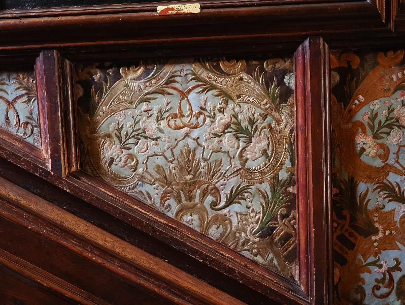 Oxburgh Estate, England: Oxburgh Hall, North Staircase: leather wallcovering (ca. 1700-1750, probably Flemish)