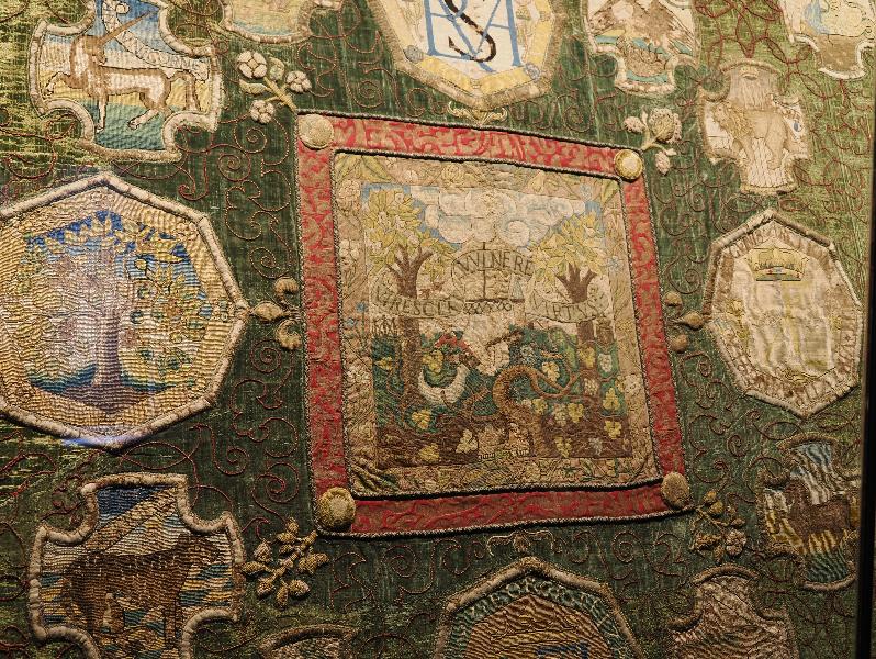 Oxburgh Estate, England: Oxburgh Hall, Marian Hangings Room: Oxburgh Hanging, detail (1569-1584, Mary, Queen of Scots, and Elizabeth, Countess of Shrewsbury)