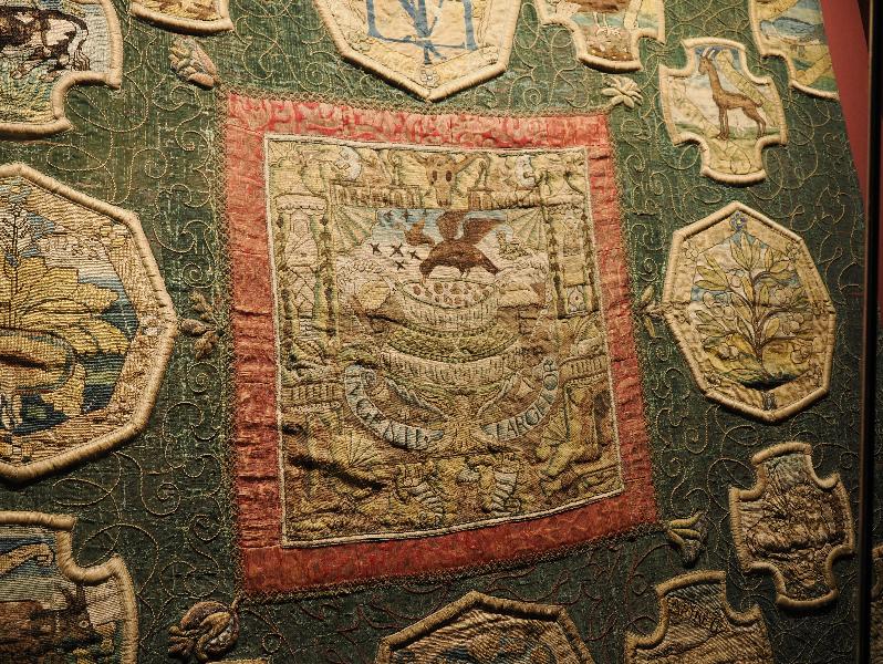 Oxburgh Estate, England: Oxburgh Hall, Marian Hangings Room: Oxburgh Hanging, detail (1569-1584, Mary, Queen of Scots, and Elizabeth, Countess of Shrewsbury)