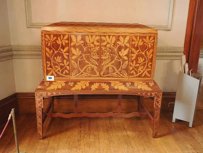 Ickworth, England: Ickworth House, Drawing Room: mahogany secretaire (designed by George Jack, Morris & Co.)