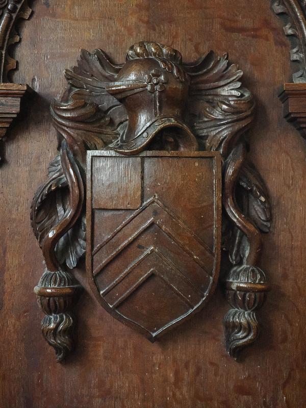 Grantchester, England: Church of St. Andrew and St. Mary: shield (on pulpit)