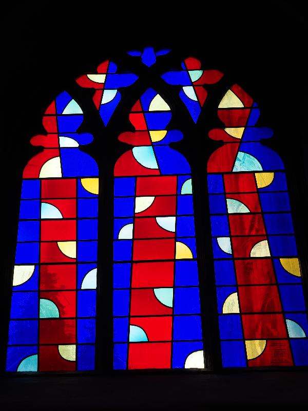 Norwich, England: Norwich Cathedral: blue / red window (Holy Trinity, 2014, John McLean)