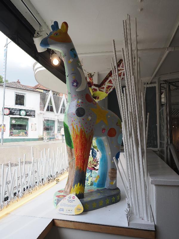 Norwich, England: John Lewis, shop window: Gerald the Giraffe (Corpusy Primary School)