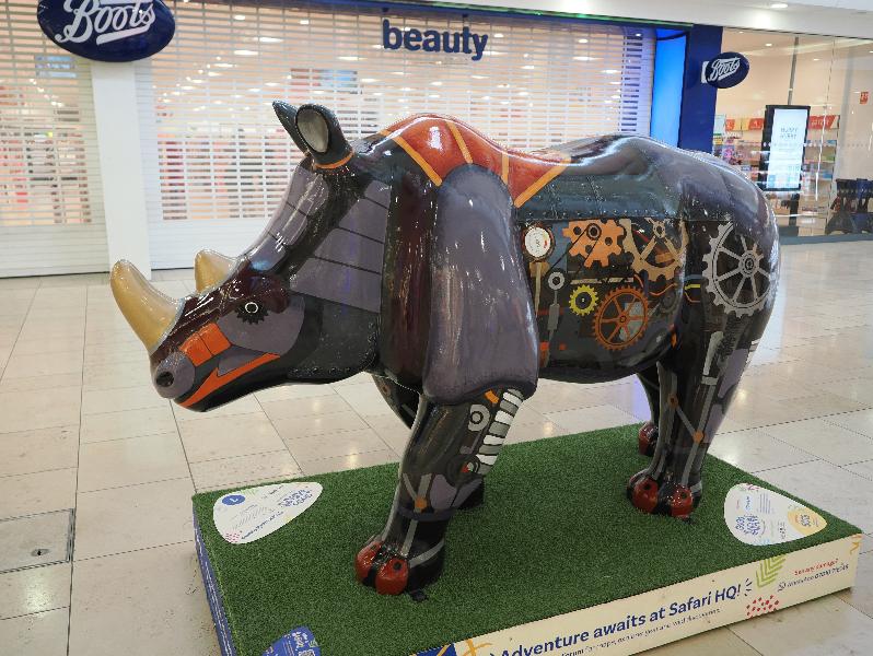 Norwich, England: Chantry Place, lower ground: Clockwork Rhino (Fox Goddard)