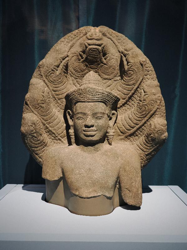 London, England: British Museum: Buddha seated beneath a snake with multiple heads (1200-1300, Cambodia or Thailand)