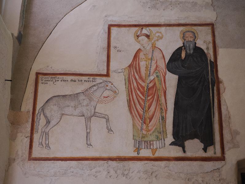 Santa Caterina del Sasso, Italy: hermitage: Saint Eligius leading a horse, wall painting (1439)
