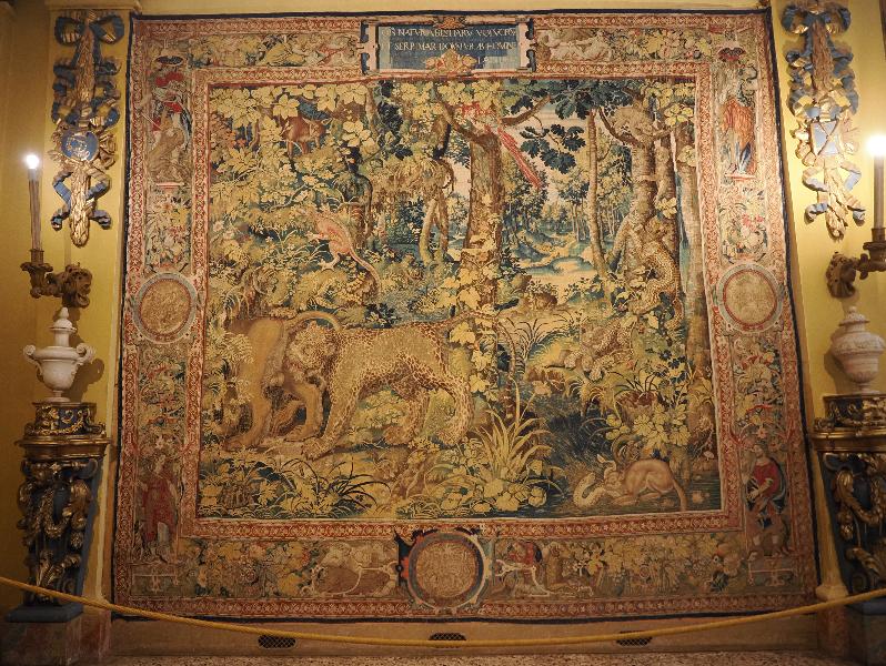 Isola Bella, Italy: Palazzo Borromeo, La Galleria degli Arazzi (The Tapestry Gallery): panther attacking a lion (16th century Flemish)