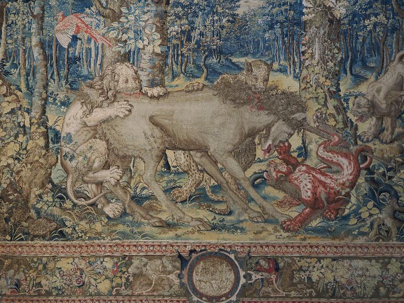 Isola Bella, Italy: Palazzo Borromeo, La Galleria degli Arazzi (The Tapestry Gallery): two lions and two panthers attacking a unicorn, detail (16th century Flemish)