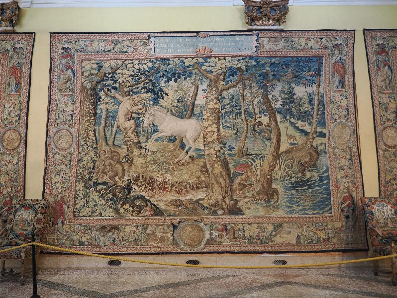 Isola Bella, Italy: Palazzo Borromeo, La Galleria degli Arazzi (The Tapestry Gallery): unicorn pierces a lion (16th century Flemish)
