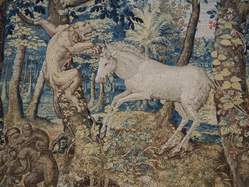 Isola Bella, Italy: Palazzo Borromeo, La Galleria degli Arazzi (The Tapestry Gallery): unicorn pierces a lion, detail (16th century Flemish)