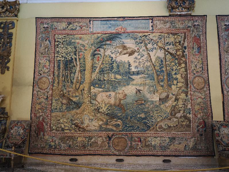 Isola Bella, Italy: Palazzo Borromeo, La Galleria degli Arazzi (The Tapestry Gallery): lioness crossing water (16th century Flemish)